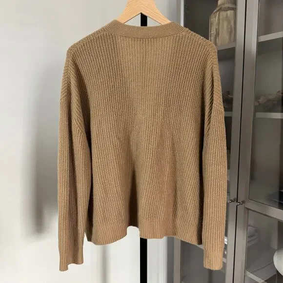 Jenni Kayne Oversized Brown Cropped Cocoon Cardigan V-Neck Rib-Knit Sweater M